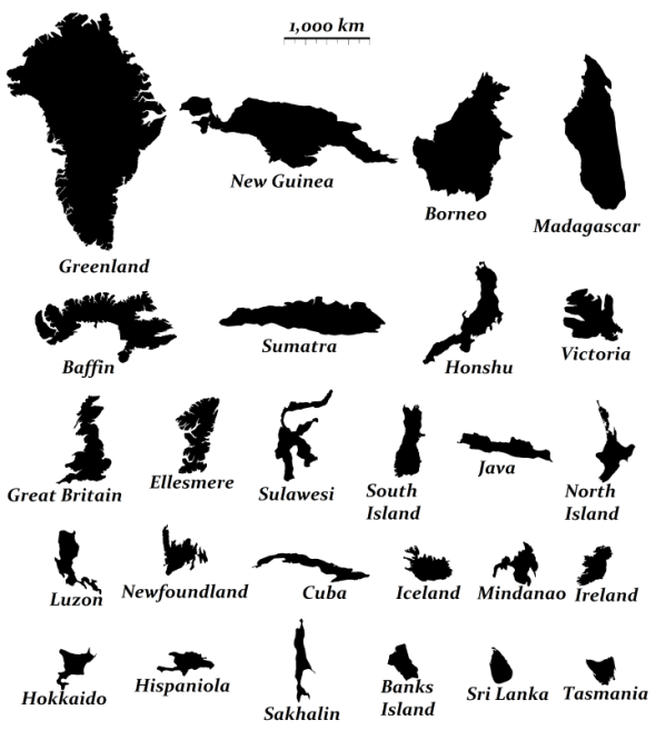 The relative size of the 24 largest islands in the world, map by reddit user evening_raga